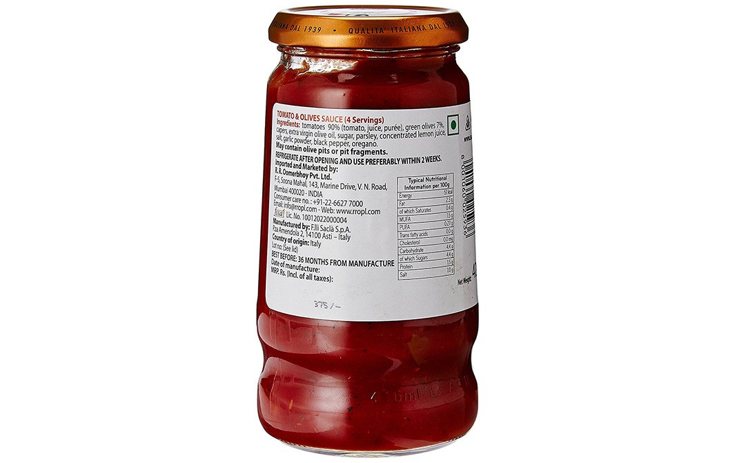 Sacla Tomato & Olive Sauce    Glass Jar  420 grams